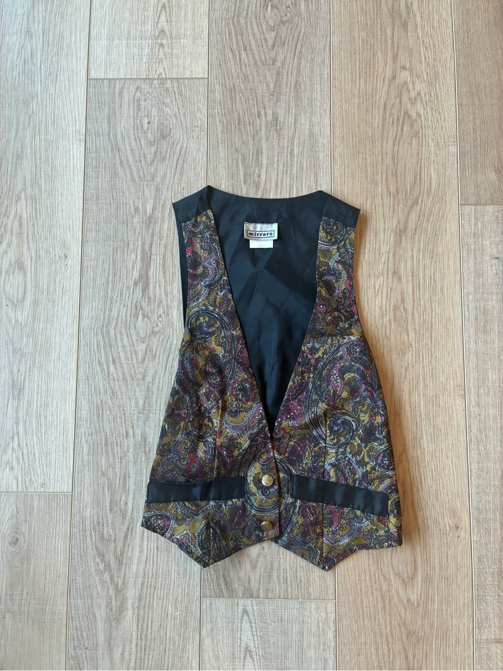 Vintage paisley brocade vest in black, gold, burgundy gold buttons deep v neck s